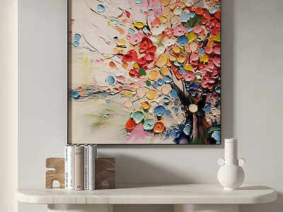 Colorful Abstract Tree Painting With Circular Elements On Wall Above Marble Table And Vase 3d model