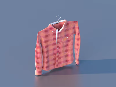 Pink And Red Plaid Long Sleeved Shirt With White Collar And Buttons On Hanger 3d model