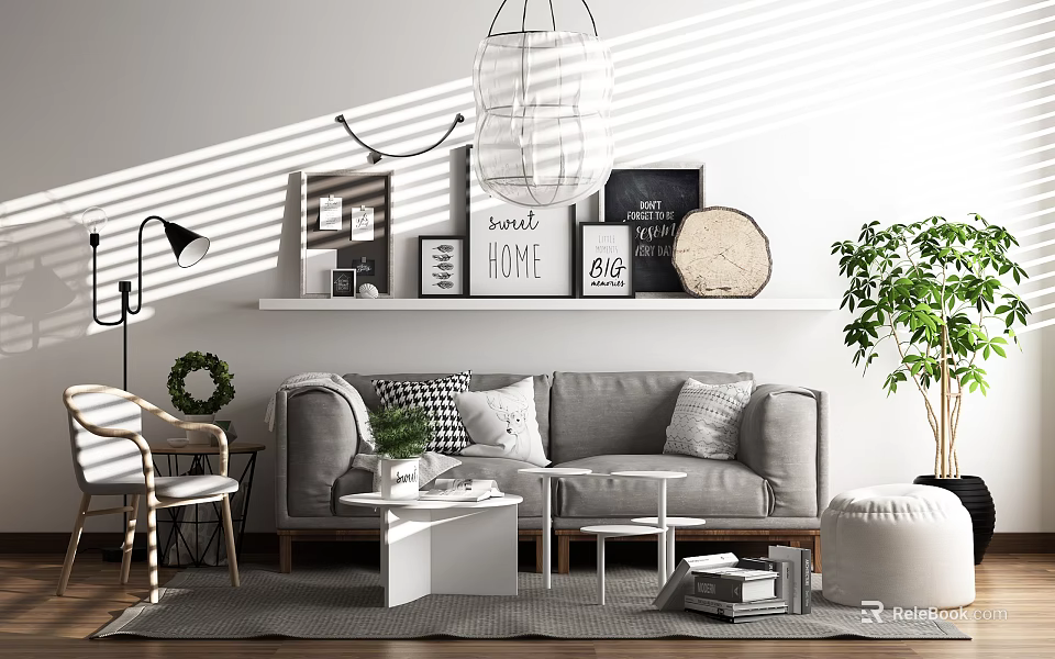 Modern Sofa And Coffee Table Set With Decorative Pillows Wall Art And Green Plant 3d model 