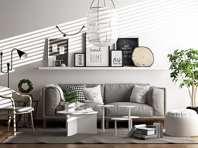Modern Sofa And Coffee Table Set With Decorative Pillows Wall Art And Green Plant 3d model