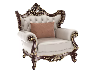 Classic Ornate Carved Armchair With Dark Wood Gold Accents Light Upholstery And Brown Diamond Pillow 3d model