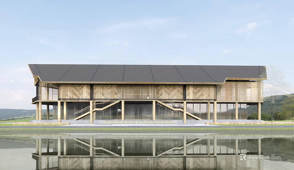 Modern Wooden Building With Black Roof Large Windows And Waterfront Reflection 3d model 