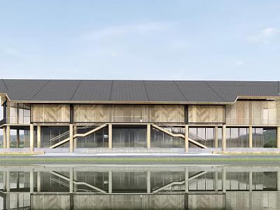 Modern Wooden Building With Black Roof Large Windows And Waterfront Reflection 3d model