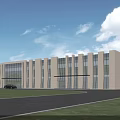 Modern Industrial Factory Building with Large Glass Windows White Facade Green Lawn and Paved Road