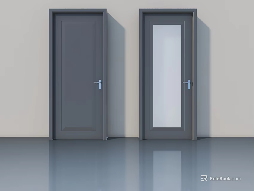 Modern Gray Swing Doors With Solid And Glass Panels And Silver Handles 3d model
