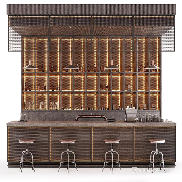Modern Bar Counter With Backlit Wine Rack And Metal Stools 3d model