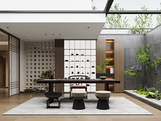 New Chinese Style Tea Room Basement Patio Basement Landscape Patio Stone Wall 3d model