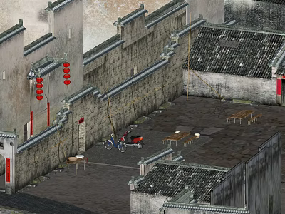 Ancient Architecture Courtyard With Traditional Tile Roofs Brick Walls And Red Lanterns 3d model