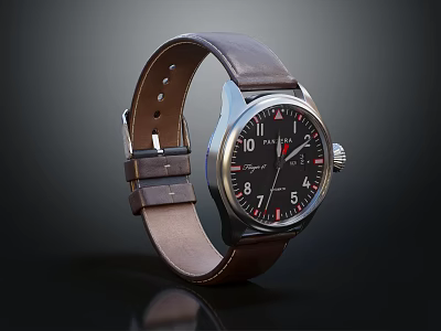 Luxury Wrist Watch With Brown Leather Strap Silver Case Black Dial And Red Hands 3d model