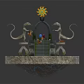 Cartoon Scene Fountain With Two Lizards Archway Sunflower Steps Colorful Eggs And Small Animals