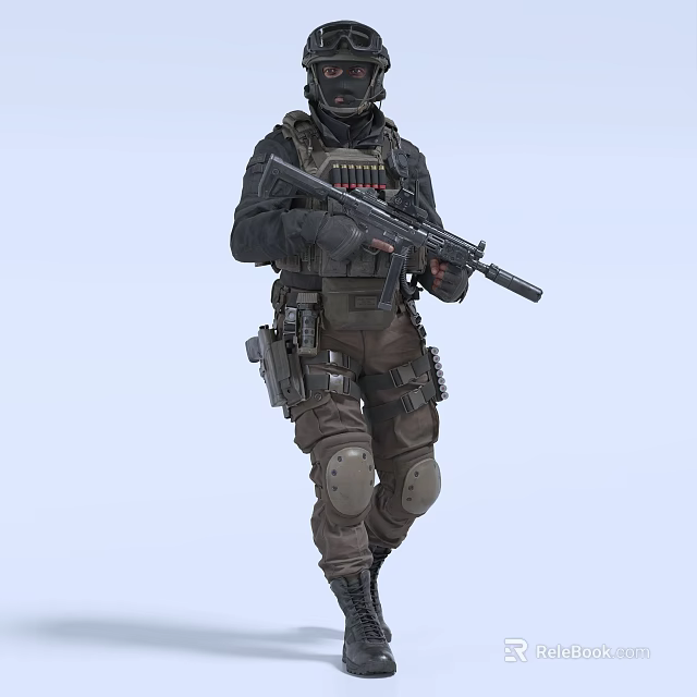 Man In Tactical Gear Holding Rifle With Knee Pads And Ammunition Pouches 3d model 