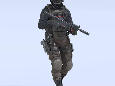 Man In Tactical Gear Holding Rifle With Knee Pads And Ammunition Pouches 3d model