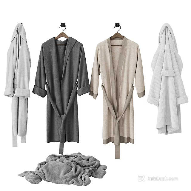 Gray Beige Long Sleeved Belted Bathrobes Hanging on Hangers Folded for Daily Bathroom Use 3d model 