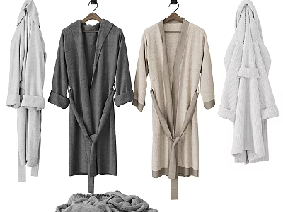 Gray Beige Long Sleeved Belted Bathrobes Hanging on Hangers Folded for Daily Bathroom Use 3d model
