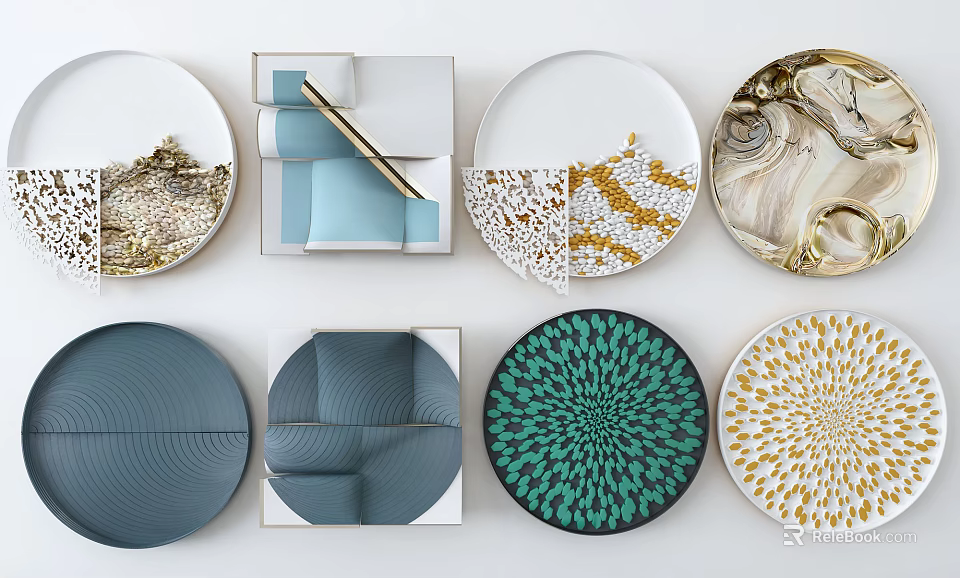 Elegant Modern Wall Decor With Round Square Blue Green Gold Textured Patterns 3d model