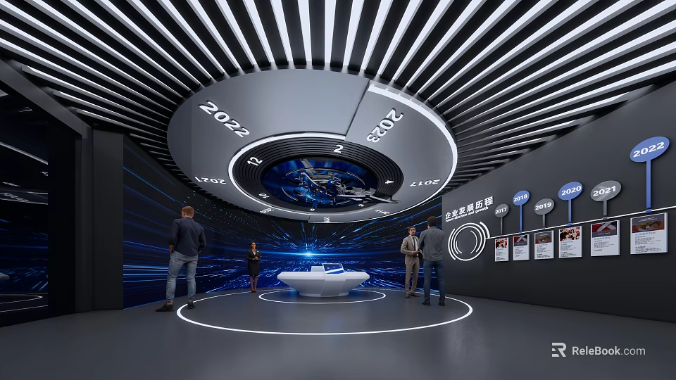 Modern Exhibition Hall With Circular Striped Ceiling Blue Lighting And Central Display Table 3d model 