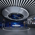 Modern Exhibition Hall With Circular Striped Ceiling Blue Lighting And Central Display Table