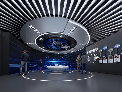 Modern Exhibition Hall With Circular Striped Ceiling Blue Lighting And Central Display Table 3d model