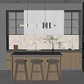 Modern Kitchen Interior With Island Bar Stools Pendant Lights Black Countertop And Cabinets