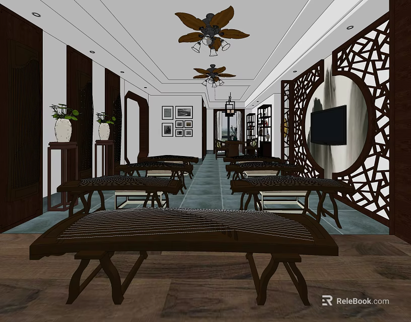 Traditional Chinese School Classroom With Zithers Ceiling Fans And Lattice Screens 3d model 