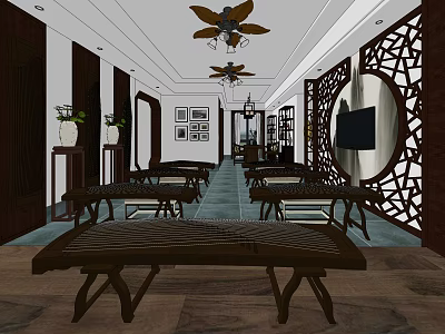 Traditional Chinese School Classroom With Zithers Ceiling Fans And Lattice Screens 3d model