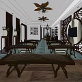 Traditional Chinese School Classroom With Zithers Ceiling Fans And Lattice Screens
