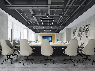 Conference Room With Long Table White Chairs Industrial Ceiling Pipes Lighting and Word Murals 3d model
