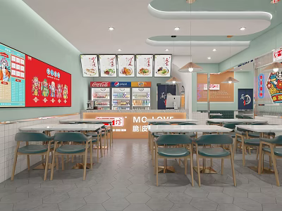 Bright Restaurant Interior With Light Green Walls Curved Ceiling Tables And Order Counter 3d model