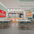Bright Restaurant Interior With Light Green Walls Curved Ceiling Tables And Order Counter