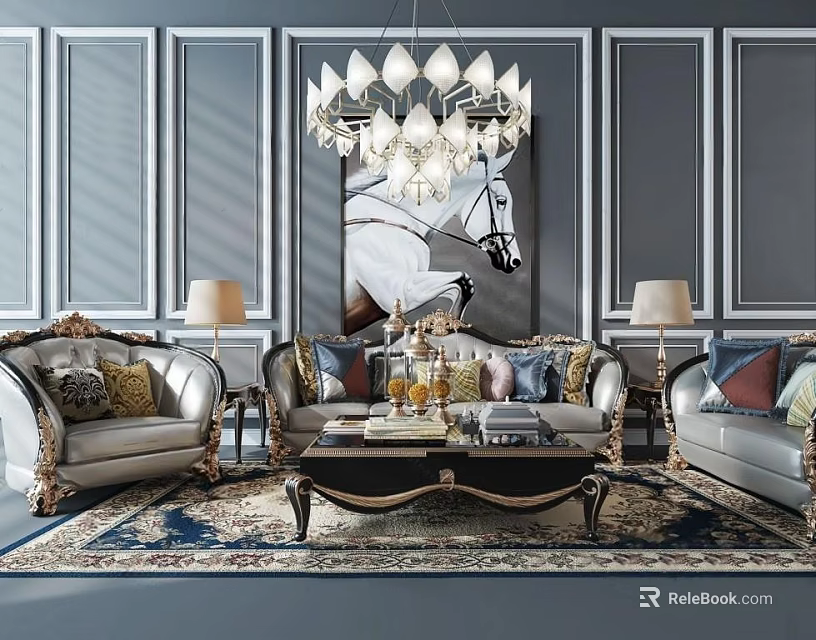 Carved Elegant Sofa and Coffee Table Set with Decorative Walls Horse Painting and Chandelier 3d model 