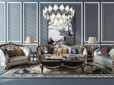 Carved Elegant Sofa and Coffee Table Set with Decorative Walls Horse Painting and Chandelier 3d model