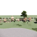 Scenic Water Fountain in Outdoor Park with Green Lawn Pink Flowers and Playground