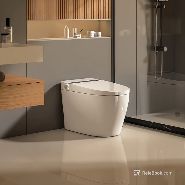 Modern White Toilet In Sleek Bathroom Interior With Wooden Vanity Gray Walls And Shower Area 3d model 