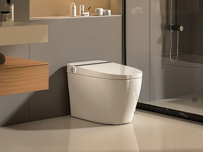 Modern White Toilet In Sleek Bathroom Interior With Wooden Vanity Gray Walls And Shower Area 3d model