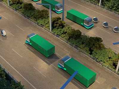 Green Roadside Scenery With Lush Vegetation Street Lamps And Moving Green Trucks 3d model