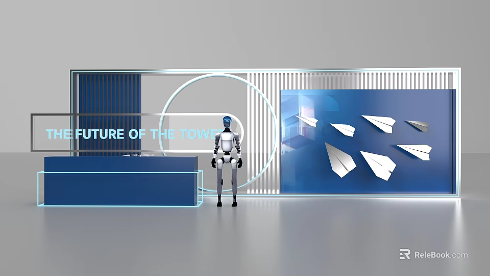 Future Themed Photo Check in Spot Featuring Robot And Paper Planes On Blue Background 3d model 