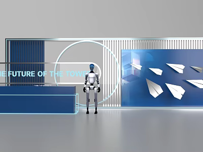 Future Themed Photo Check in Spot Featuring Robot And Paper Planes On Blue Background 3d model