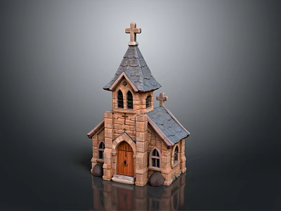 Stone Church Building With Steeple Cross Gray Tiled Roof Arched Windows And Wooden Door 3d model