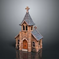 Stone Church Building With Steeple Cross Gray Tiled Roof Arched Windows And Wooden Door