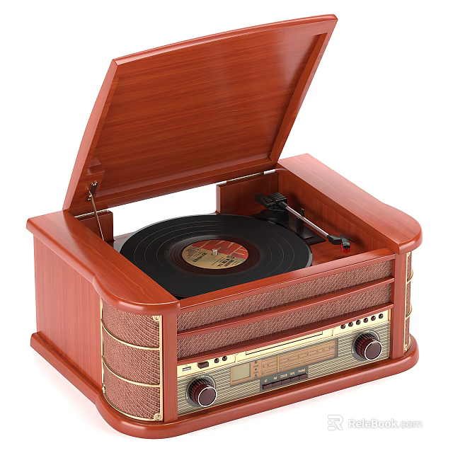 Vintage Wooden Turntable Record Player With Vinyl Disc And Control Knobs 3d model