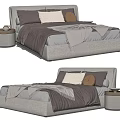 Modern Double Bed with Gray Bedding Pillows and Two Round Wooden Nightstands