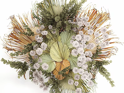 Artistic Natural Decorative Ornaments Arrangement With Green Fan Leaves White Clustered Blooms And Feathery Grass 3d model