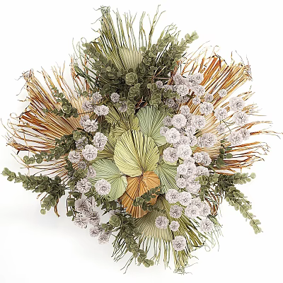 Artistic Natural Decorative Ornaments Arrangement With Green Fan Leaves White Clustered Blooms And Feathery Grass 3d model