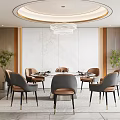 Modern Private Dining Room With Round Table Comfortable Chairs Chandelier Decorative Wall And Green Plants