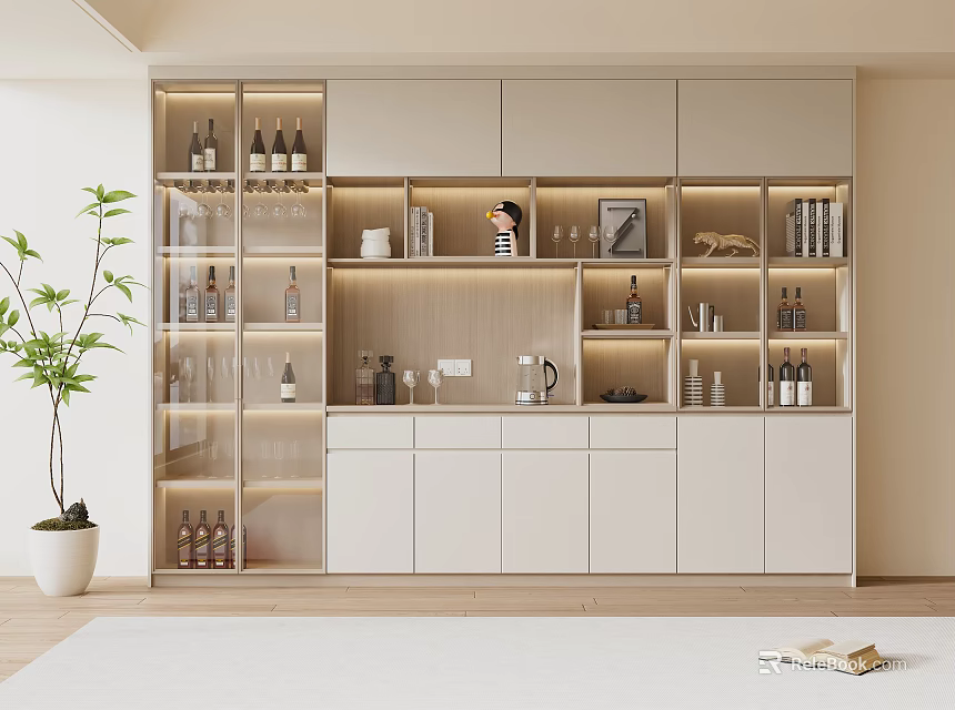 Modern Built in Wine Cabinet with Glass Doors Multiple Shelves and LED Lighting 3d model 