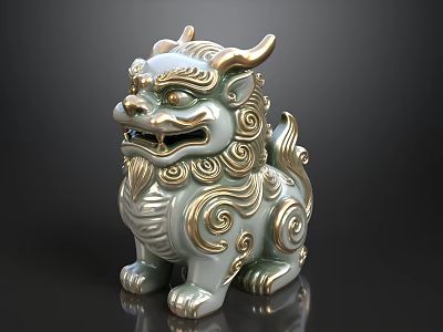 Elegant Celadon Lion Statue With Gold Accents And Traditional Decorative Design 3d model