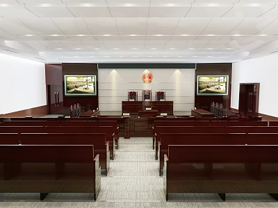 Courtroom Interior Featuring Judge Bench Audience Seats National Emblem Screens Wooden Furniture And Lighting 3d model