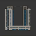 Modern Twin Tower Building With Blue Glass Curtain Walls Connected Base And Decorative Tops