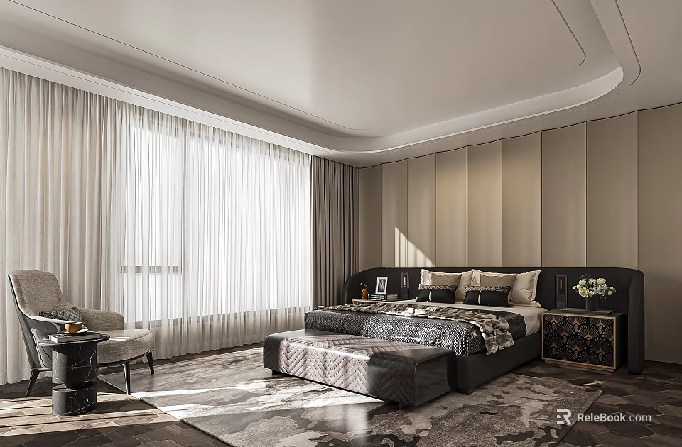 Elegant Modern Beige Bedroom Interior With Large Bed Floor to Ceiling Windows And Rug 3d model 