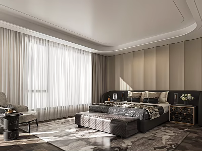Elegant Modern Beige Bedroom Interior With Large Bed Floor to Ceiling Windows And Rug 3d model